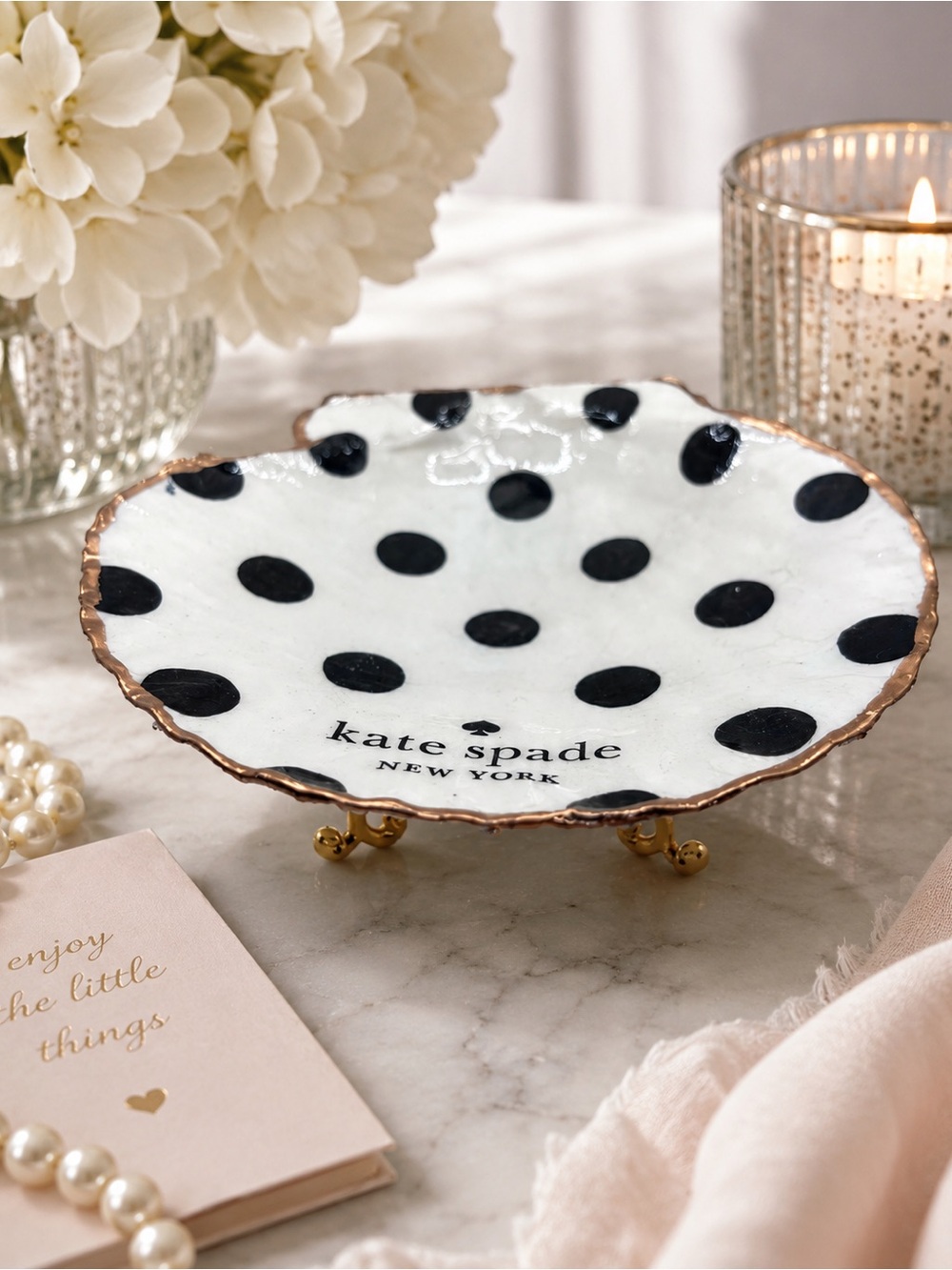 Kate Spade White and Black Polka Dot Shell Trinket Dish with Gold Rim